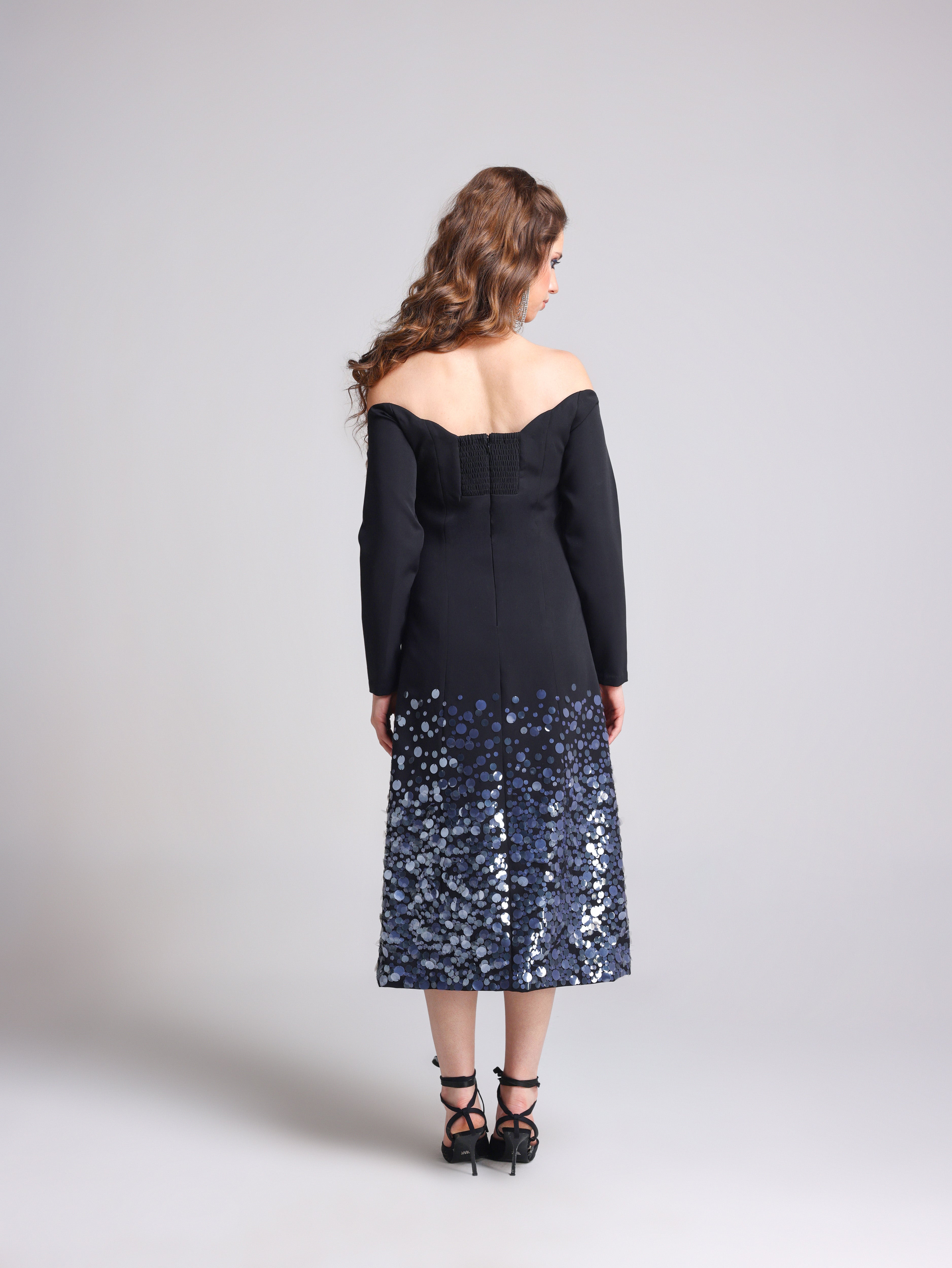 NOIRE BLACK OFF SHOULDER MIDI DRESS
