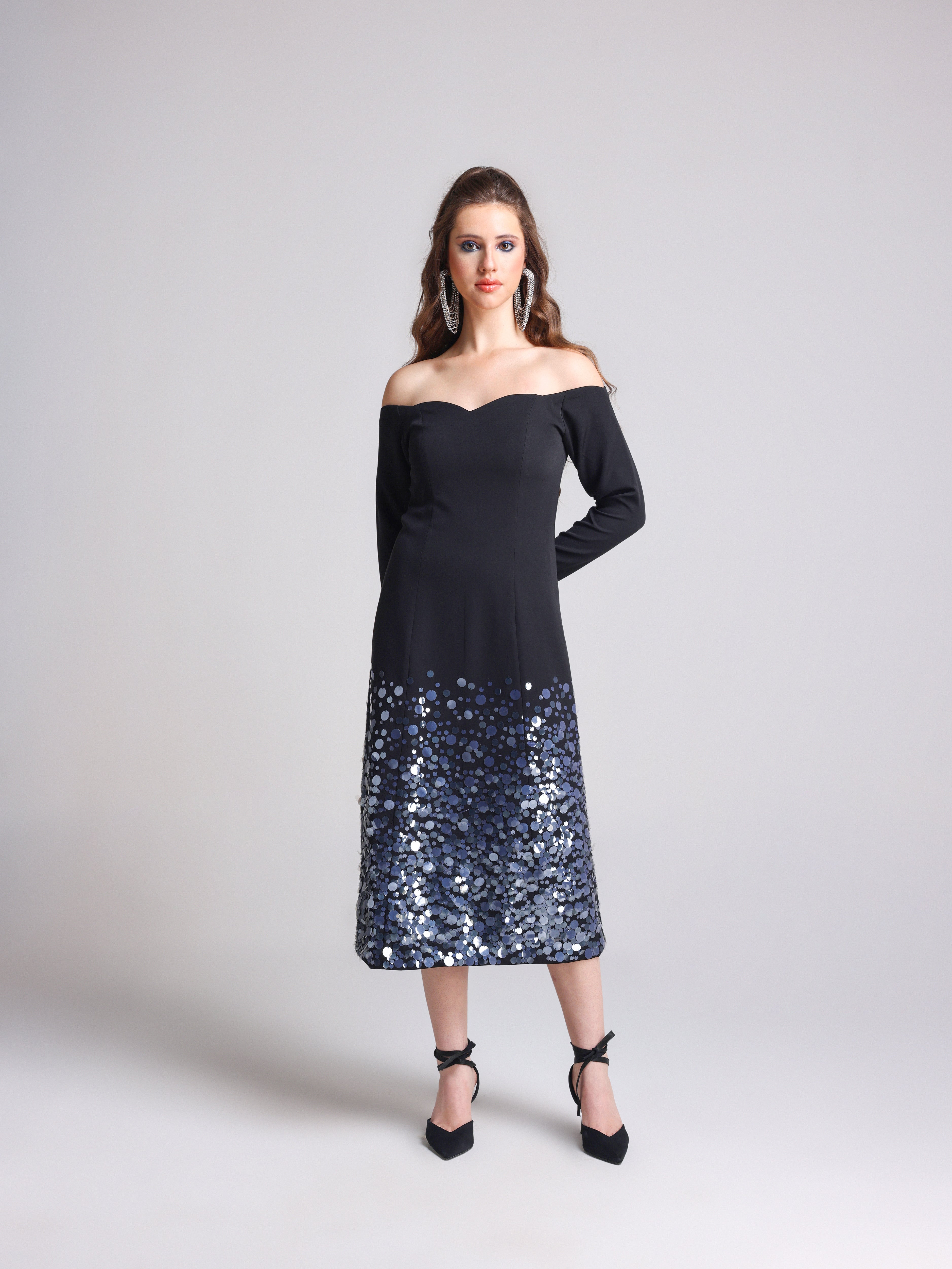 NOIRE BLACK OFF SHOULDER MIDI DRESS - Fllaë