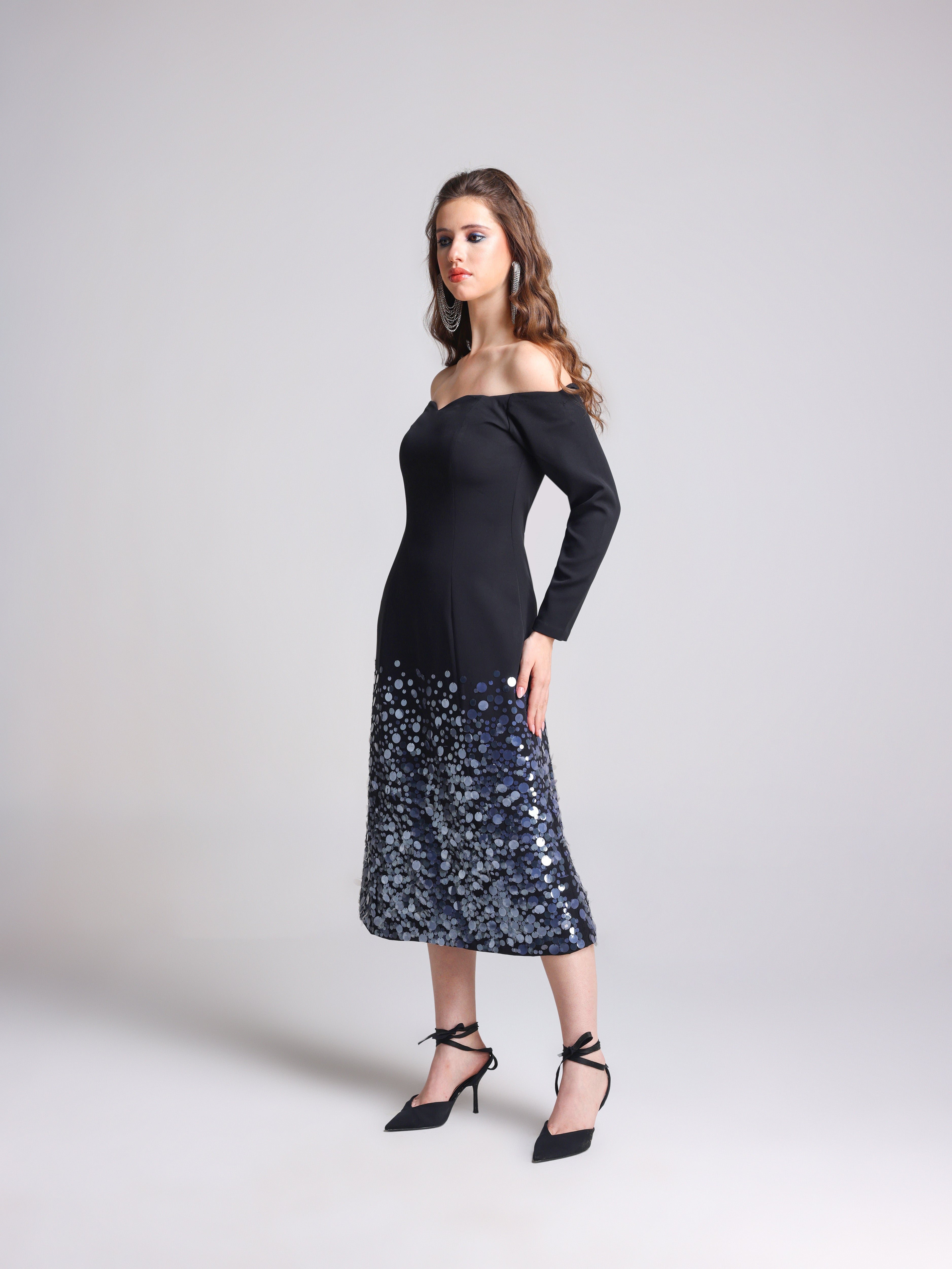 NOIRE BLACK OFF SHOULDER MIDI DRESS
