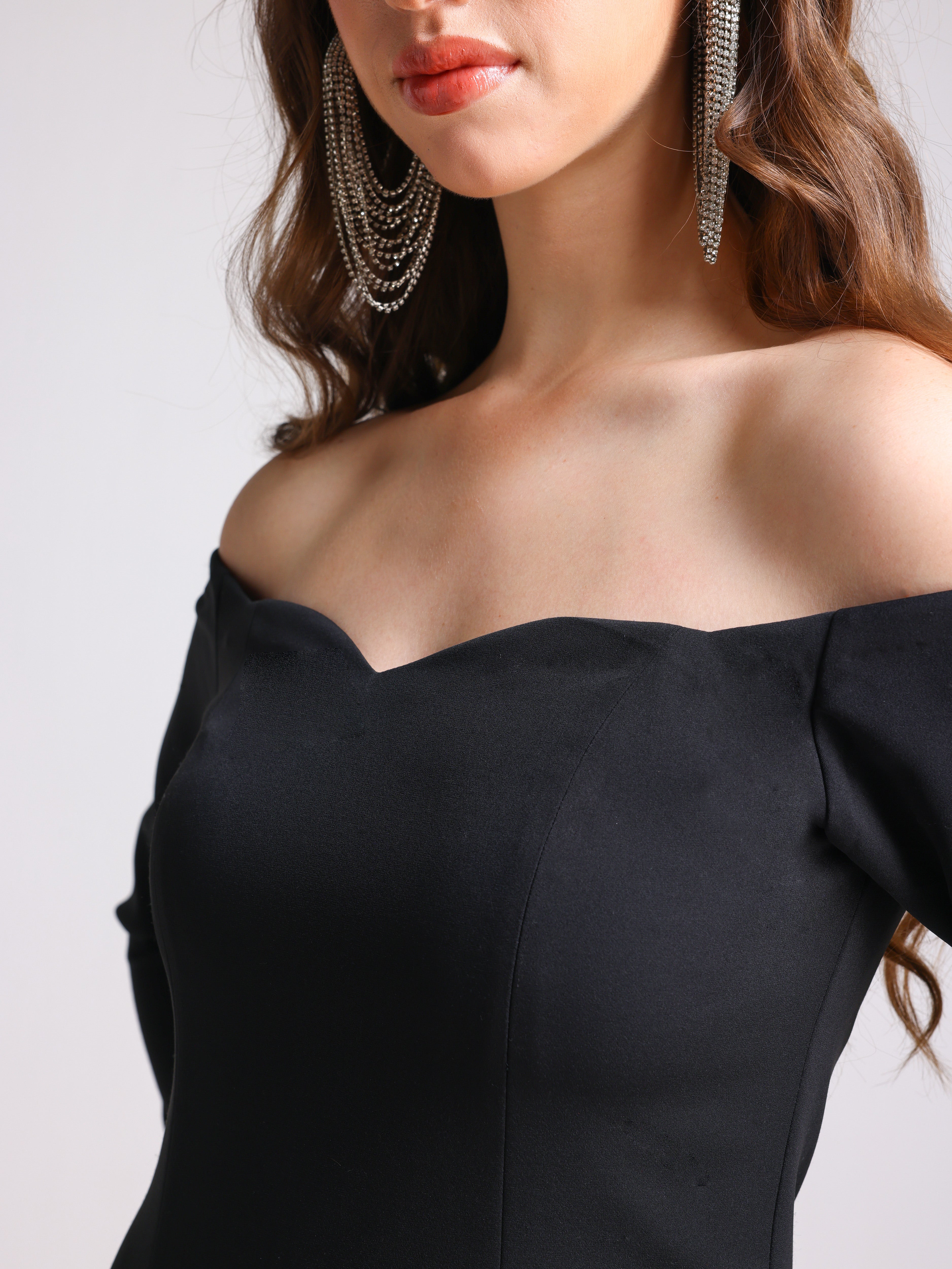 NOIRE BLACK OFF SHOULDER MIDI DRESS