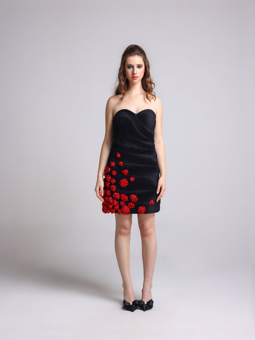 ROSEY BLACK 3D ROSETTE TEXTURED DRESS - Fllaë