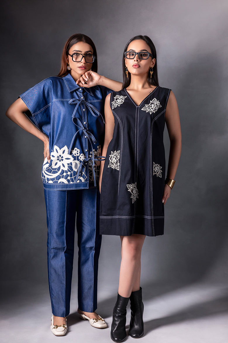 Denim Pearl Embellished Kaftan Co-ord Set