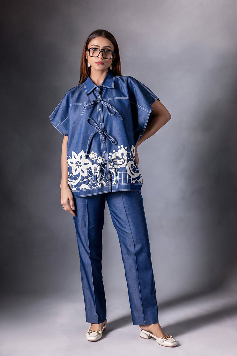 Denim Pearl Embellished Kaftan Co-ord Set - Sila Atelier