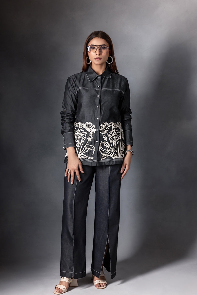 Charcoal Grey Floral Panel Co-ord Set - Sila Atelier