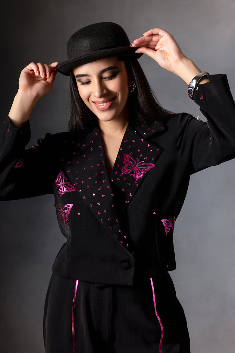 Metallic Pink Butterfly Crop Jacket Set
