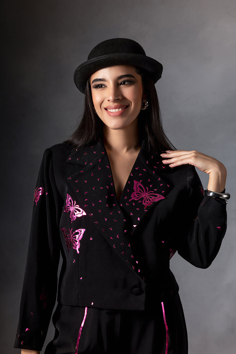 Metallic Pink Butterfly Crop Jacket Set