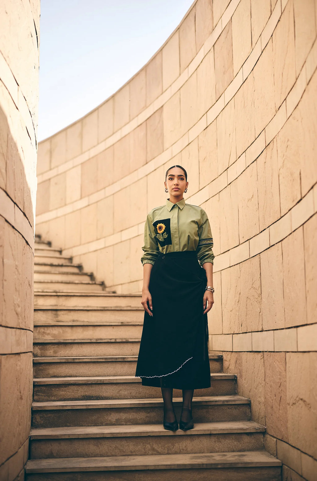 Olive sunflower embroidered shirt/co-ord set