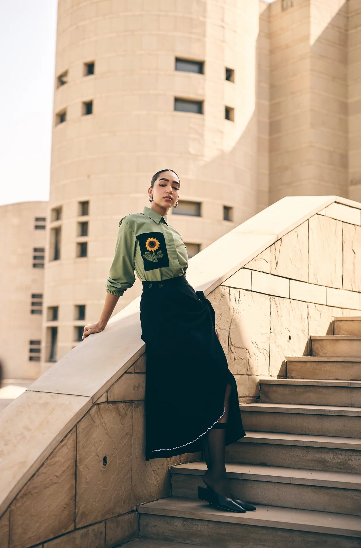 Olive sunflower embroidered shirt/co-ord set