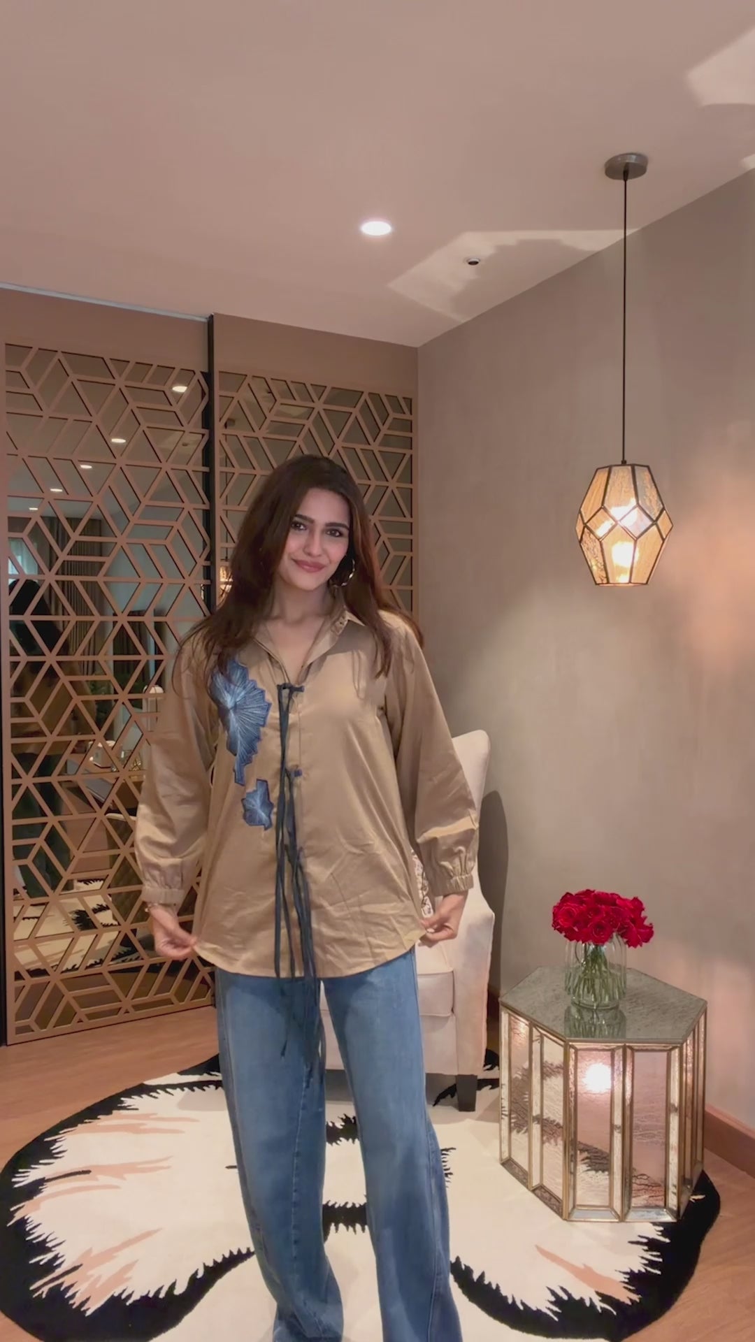 Azure Beige Tie Up Embroidered Shirt