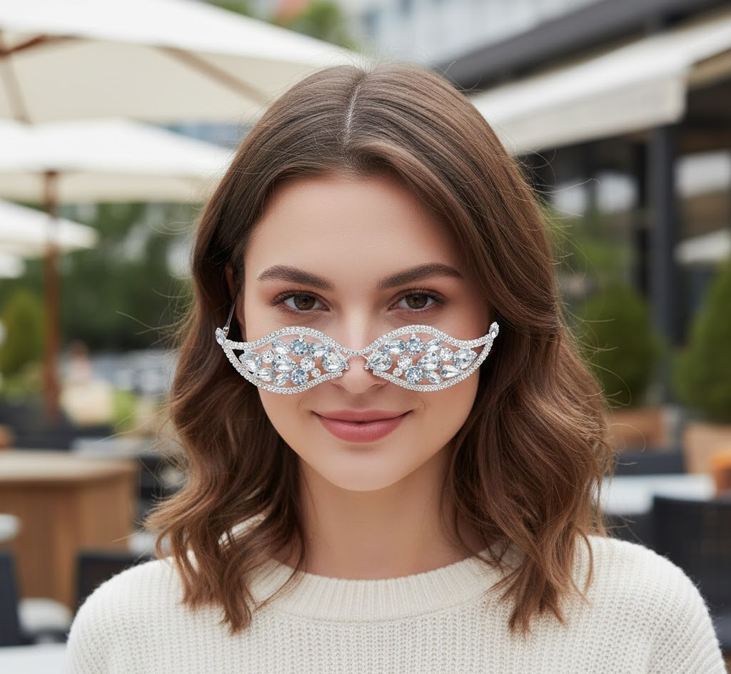 Woman wearing decorative sunglasses